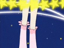 a cartoon character is standing on a stage with a bunch of stars in the background .