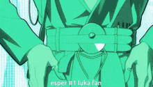 a green drawing of a person with the words " esper # 1 luka fan " written below them