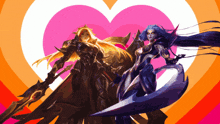 a couple of women standing next to each other with a pink heart in the background
