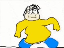 a drawing of a man in a yellow shirt and blue shorts with a spoon in his mouth .
