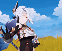 a girl with white hair is standing in a field with a blue sky in the background