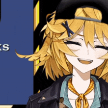 a girl with yellow hair is smiling in front of a sign that says ' s ' on it