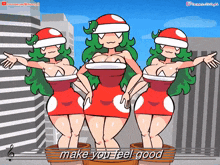 three cartoon characters singing make you feel good in front of a city skyline