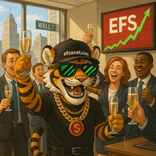 a cartoon of a tiger wearing a efsanet.com hat holding champagne glasses