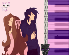 a boy and a girl are standing next to each other in front of a piano keyboard