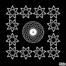 a black and white checkered background with a pixel in the middle