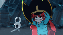 a girl with red hair is holding a shield with the letter l on it