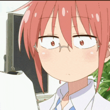 a girl with pink hair and glasses is looking at a clipboard