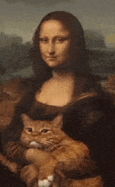 a painting of mona lisa holding a cat