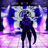a video game character is standing in front of a large screen with a circle in the middle