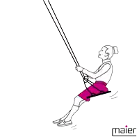 a drawing of a woman sitting on a swing with a maier logo behind her
