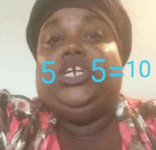 a close up of a woman 's face with the numbers 5 and 5 written on it .