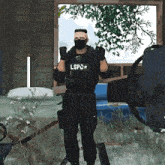 a man wearing a mask and a lspd vest