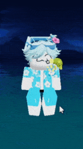 a cartoon character wearing a blue shirt with flowers and a turtle