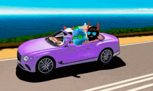 a purple car is driving down a road with cartoon characters in it