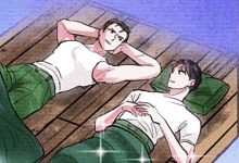 two men are laying on a wooden floor with their heads on their arms .