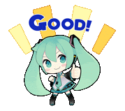 a sticker of hatsune miku giving a thumbs up with the word good behind her