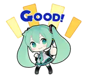 a sticker of hatsune miku giving a thumbs up with the word good behind her