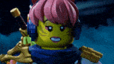 a close up of a lego character with a sword and headphones