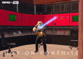 a man holding a light saber in a room with the words hop on fortnite on the bottom