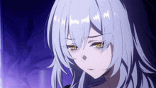 a girl with gray hair and yellow eyes looks sad