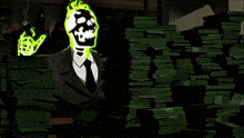 a man in a suit and tie is surrounded by stacks of green money