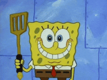 spongebob is smiling while holding a spatula in his hand .