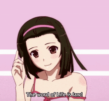 a girl giving a thumbs up with the words the word of life is law