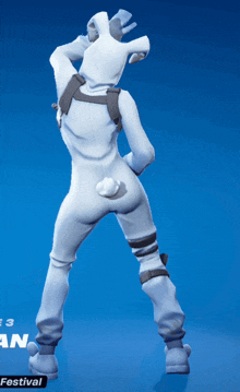 a person in a white bunny suit is dancing on a blue background