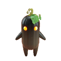 a black pumpkin with yellow eyes and a green leaf on top of it