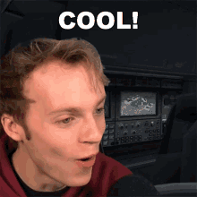 a man with a surprised look on his face and the word cool written above him