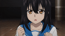 a girl with long black hair and brown eyes is wearing a blue and white uniform