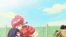 a cartoon of a girl with pink hair and a boy with a whip