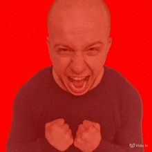 a bald man in a black shirt is making a funny face with his fists in the air .