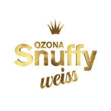 a gold logo for ozona snuffy weiss with a crown on top