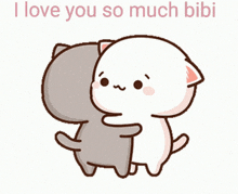 a cartoon of two cats hugging each other with the words i love you so much bibi on the bottom