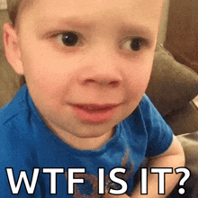 a young boy in a blue shirt is making a funny face and the words wtf is it are visible .
