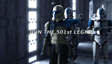 a group of stormtroopers are walking down a hallway with the words join the 501st legion on the bottom right