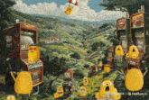 a painting of a valley with arcade machines and a sign that says jumpman