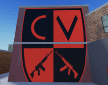 a red and black shield with the letter cv and two guns