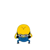 a cartoon minion in blue overalls is jumping in the air with his arms outstretched
