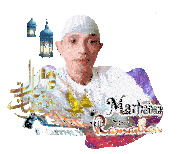 a man in a white shirt is surrounded by confetti and the words marhabaan ramadhan