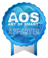a blue seal that says aos art of smart approved on it