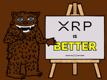 a cartoon drawing of a bear holding a sign that says xrp is better