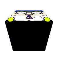 a cartoon character with blue hair and glasses is sitting in a box