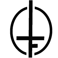 a cross in a circle with the letter f inside