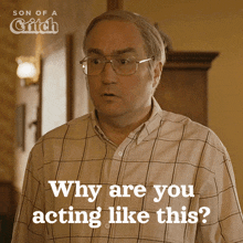 a man wearing glasses and a plaid shirt is asking why are you acting like this