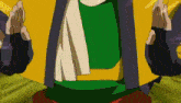 a cartoon character in a green shirt and yellow jacket is holding a piece of paper .