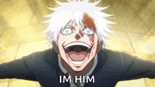 a man with white hair and blue eyes is screaming with his mouth open and the words `` im him '' written on the bottom .