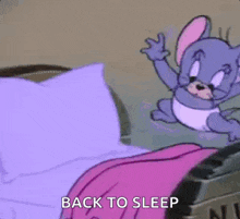 a cartoon mouse is jumping out of a bed with the words `` back to sleep '' written on it .
